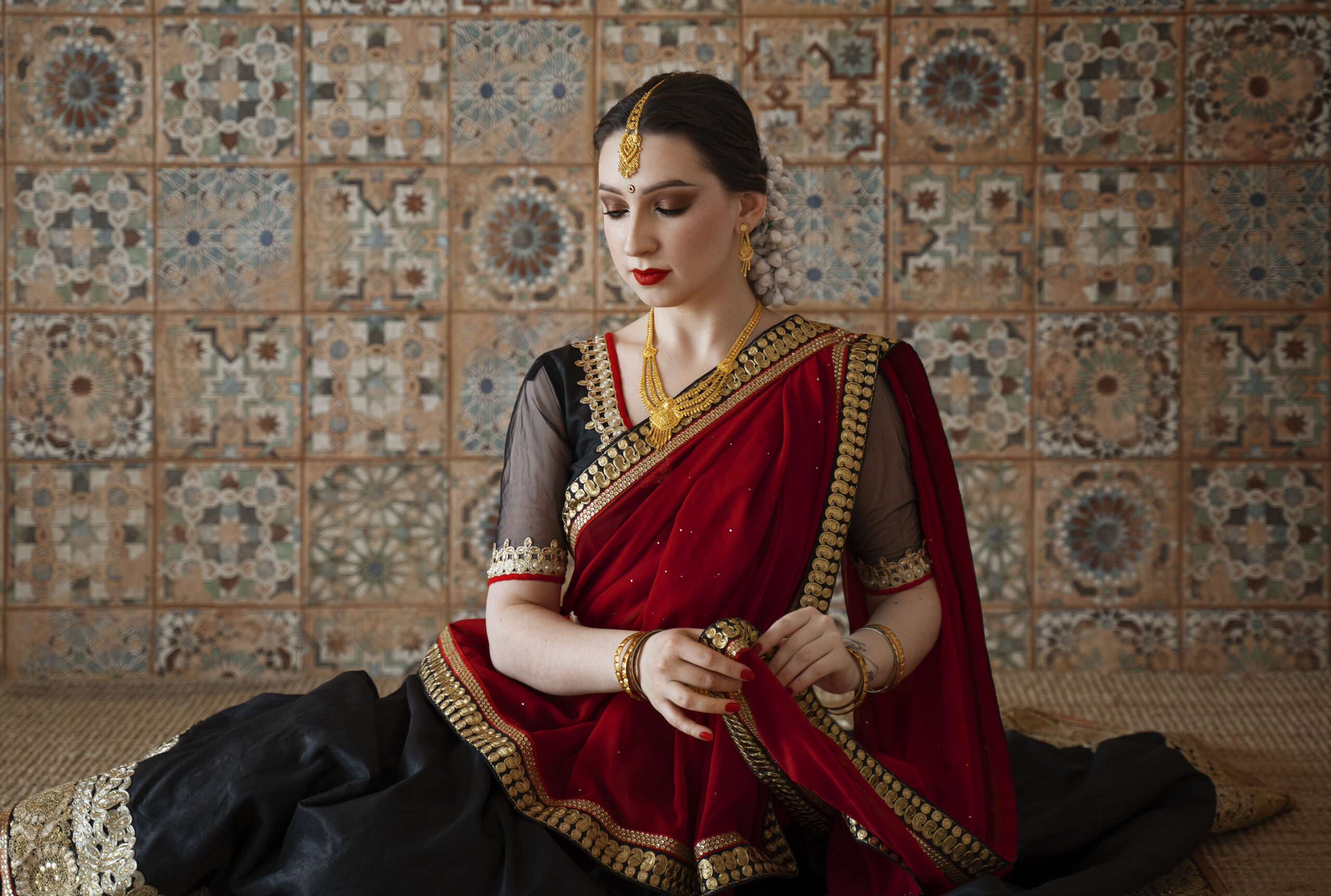 Home beautiful young woman wearing sari (1)